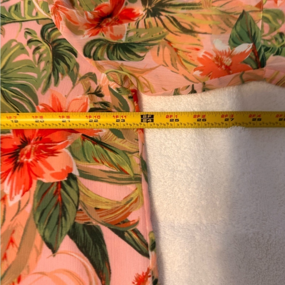 J Jill Womens Pink Tropical Floral Tunic Top Size XL Ruffle Tie Neck Bell Sleeve - Picture 8 of 9